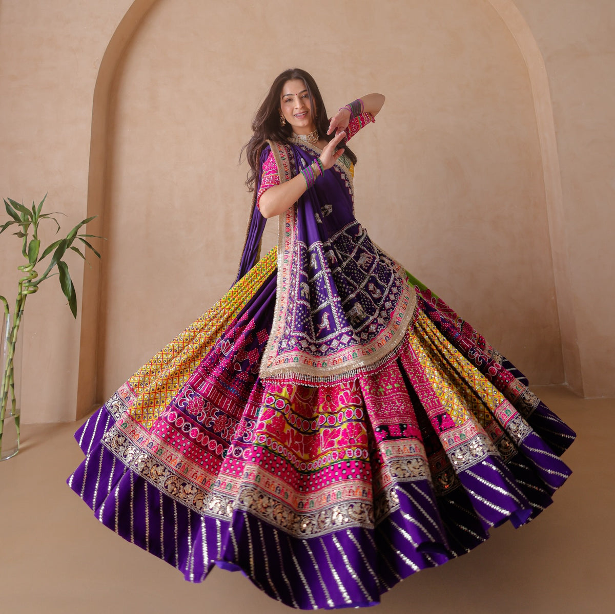 Zoolan Royal Bandhani Mirror-Work Lehenga Choli Set
