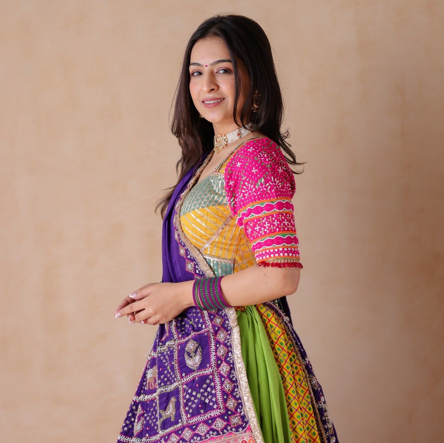Zoolan Royal Bandhani Mirror-Work Lehenga Choli Set