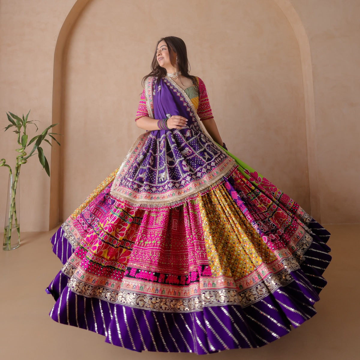 Zoolan Royal Bandhani Mirror-Work Lehenga Choli Set